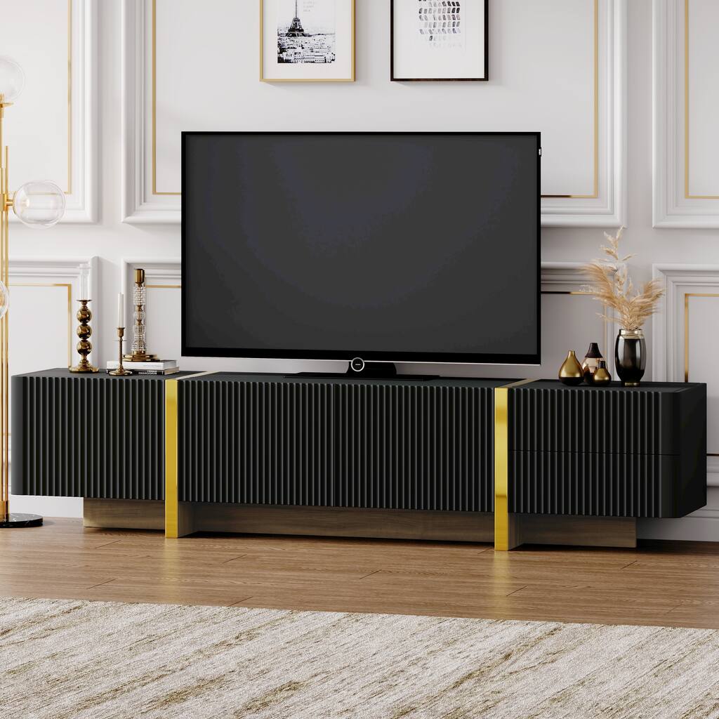 Elegant TV Stand with Golden Legs & Fluted Panels for TVs up to 80'', Storage Drawers & Shelves for Living Room