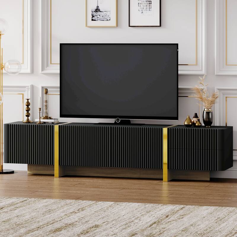 Modern Fluted TV Stand Luxury TV Stand with Storage Drawers and Gold Wood-Grain Legs, for Living Rooms, Black - Black
