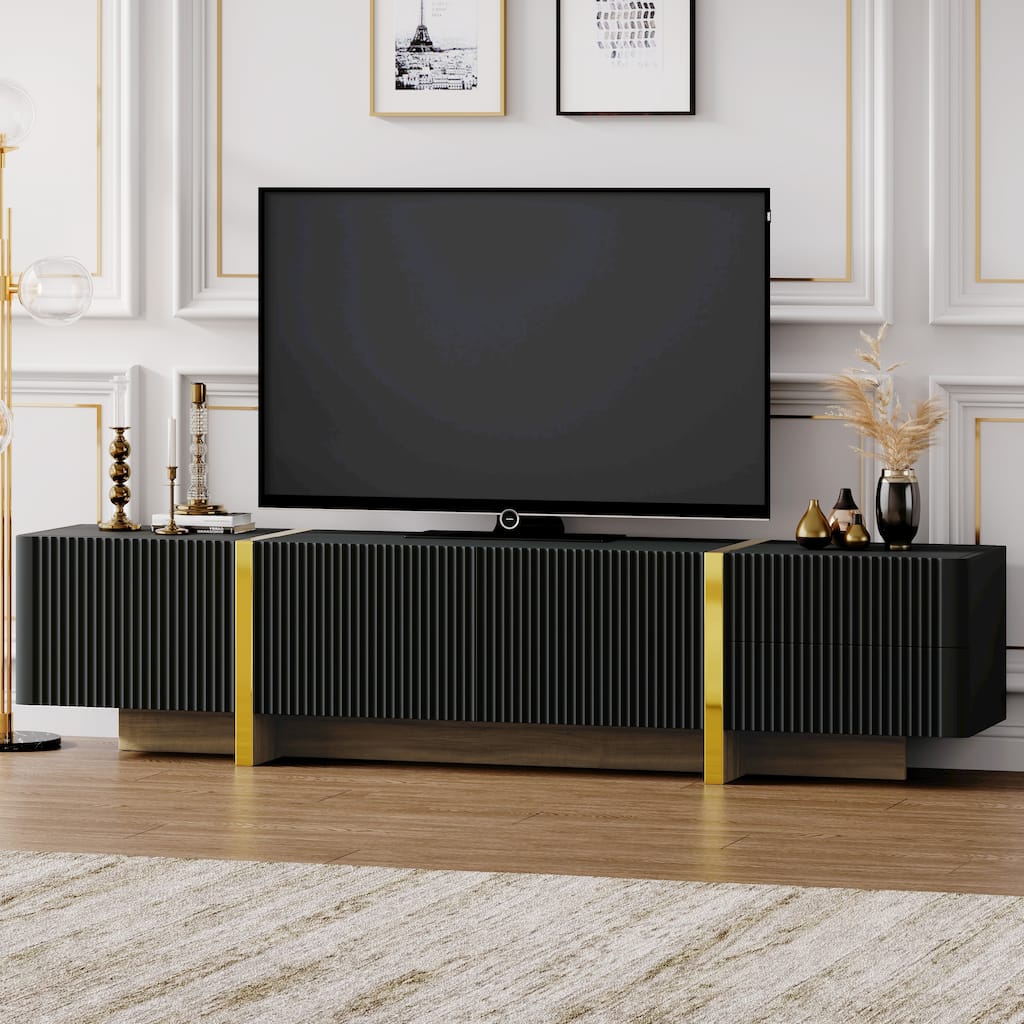 Modern Fluted TV Stand Luxury TV Stand with Storage Drawers and Gold Wood-Grain Legs, for Living Rooms, Black