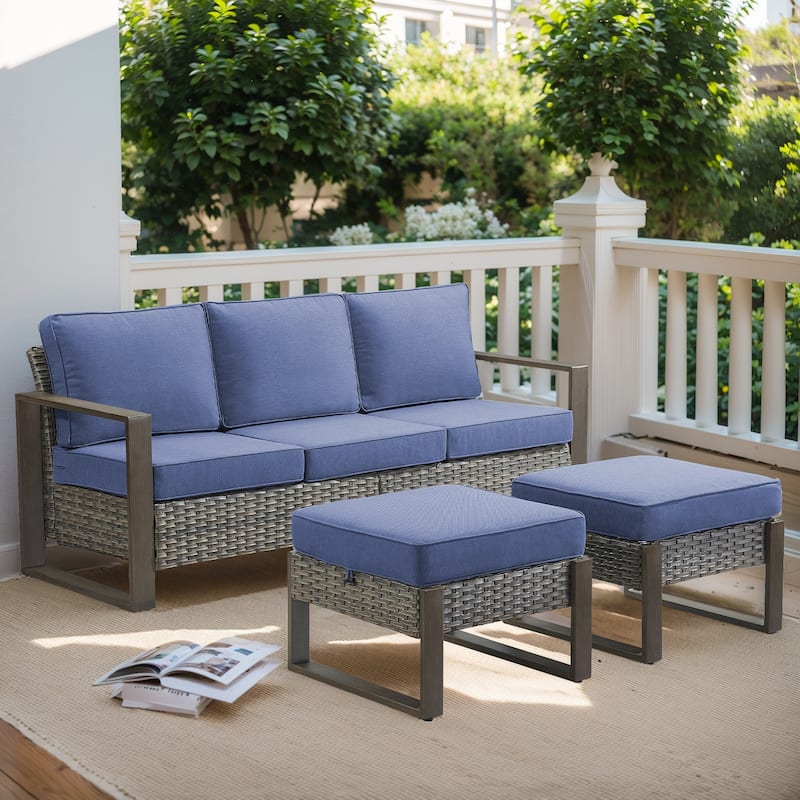 Gymojoy PE Wicker Patio Sofa Sectional Sofa with Ottoman - Grey Wicker - Blue Cusion