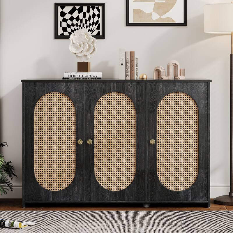 Oval Rattan Doors Black Sideboard with Adjustable Shelves