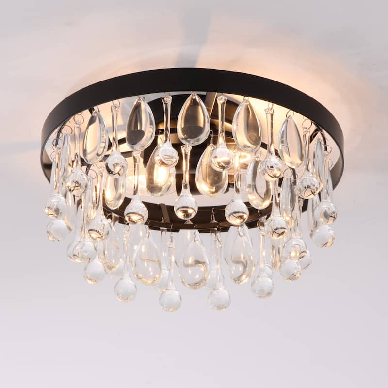 12" 2-Light Modern Chrome/Black Crystal Flush Mount Ceiling Light - Minimalist Crystal Drop Fixture for Bedroom