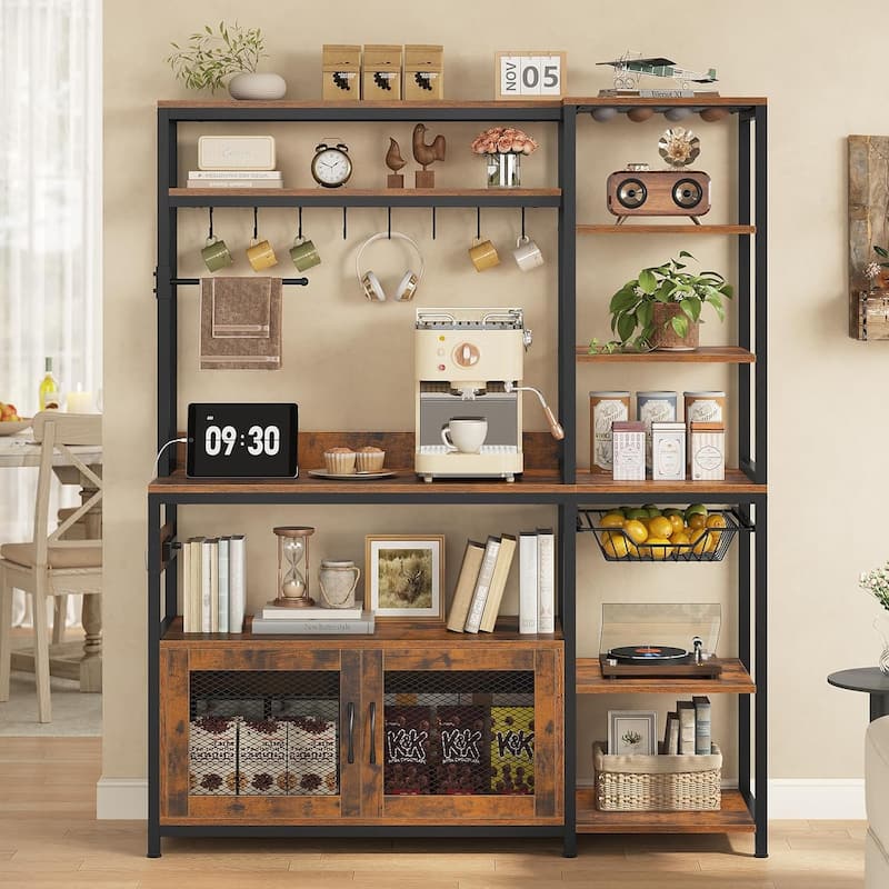 Kitchen Baker's Rack Storage Cabinet Microwave Stand Power Outlets - Brown