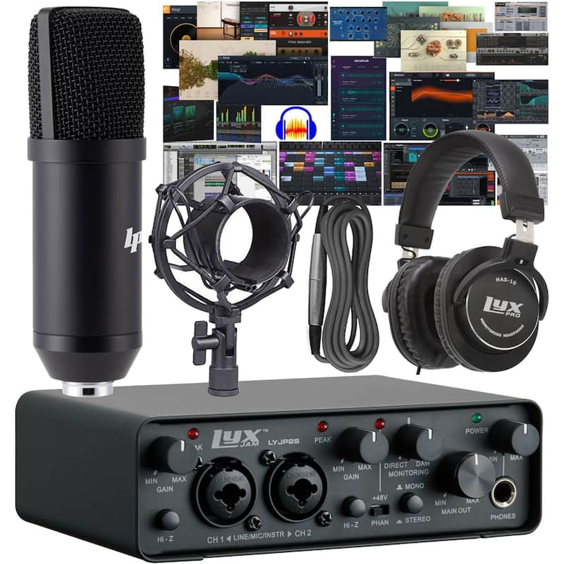 LyxJam 2x2 Recording USB Audio Interface with ASIO Driver, Studio Software Bundle & Accessories - Black