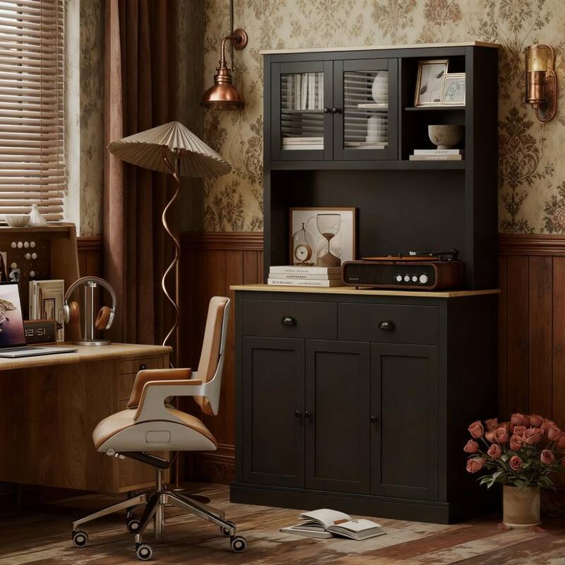 71" Tall Freestanding Kitchen Pantry Cabinet with Adjustable Shelves and Glass Doors