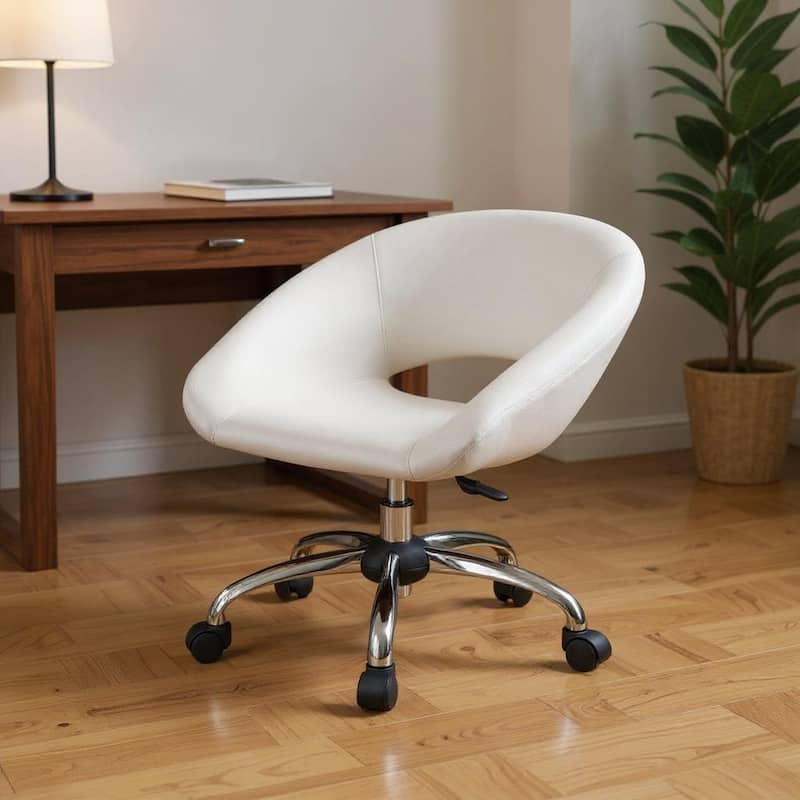 White and Silver Faux Leather Adjustable Height Swivel Rolling Office Chair - White