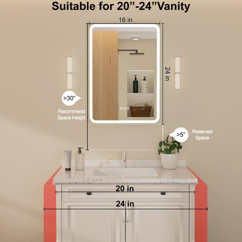 Rounded Edge LED Medicine Cabinet with Mirror, Dimmable, Anti-fog, Adjustable Shelves, Recessed or Wall Mount, ETL Certified