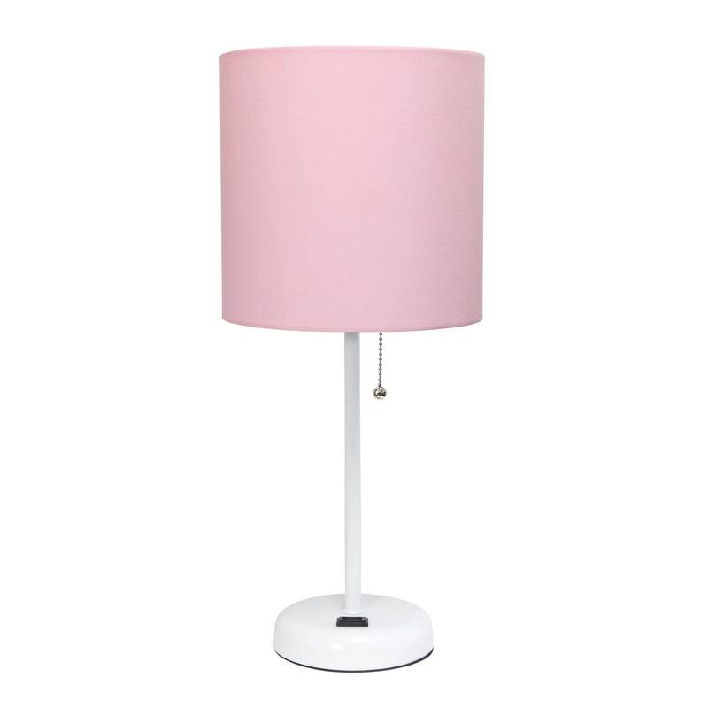 19.5 in. White Finish Table Lamp with Pink Shade, Durable Stick Lamp for End/Side Tables