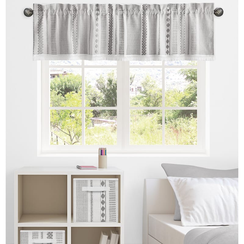 Grey Boho Tribal Bohemian Window Curtain Valance Jacquard Aztec Gender Neutral Modern Geometric Stripes Ivory Textured Tufted