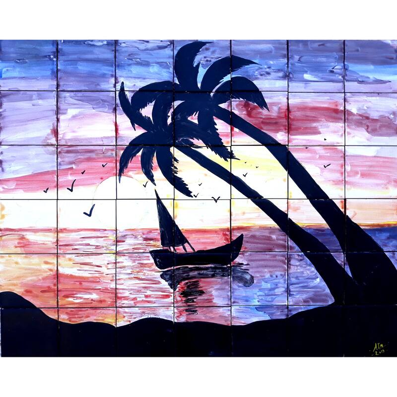 28in x 24in Sailing Boat 42pc Mosaic Tile Ceramic Wall Mural