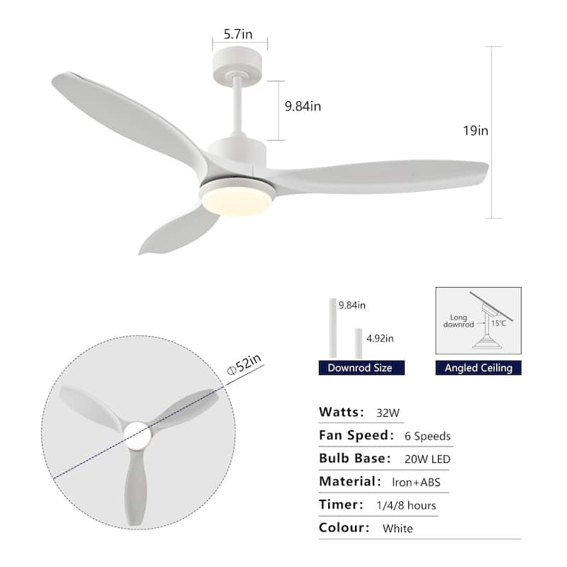 52-inch Modern LED Ceiling Fan with Light, 3 ABS Blades & Remote Control