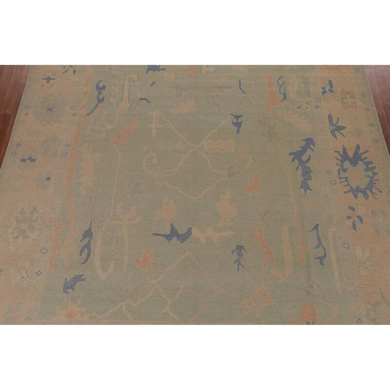 Hand Knotted Oriental 100% Wool Carpet Transitional All-Over Green Oushak Area Rug - 12' 4'' X 9' 3''