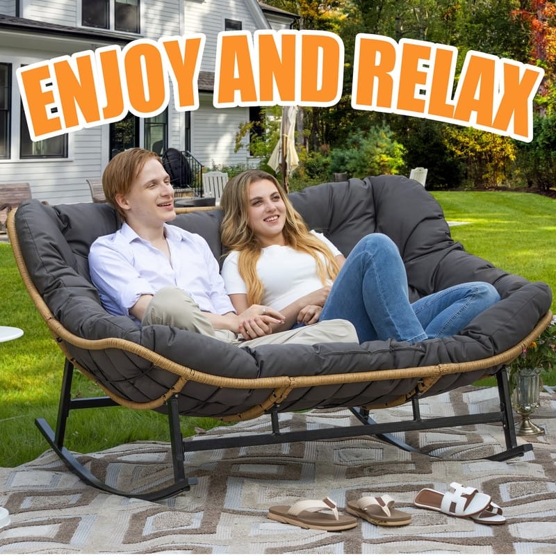 FINCATI Outdoor Double Papasan Chair, Oversized Patio Rocking Chair, 700 lbs Indoor Wicker Rocking Chair for Two