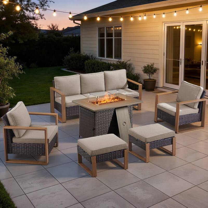 Meyreso Wicker Patio Conversation Set with Fire Pit Table & Olefin Cushions - Brown / Beige Cushions - 6-Piece