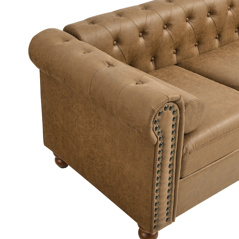 Brown Chesterfield 74.5" Button Tufted Upholstered 3-seater Sofa with Nailheads and Pillows for Living Room