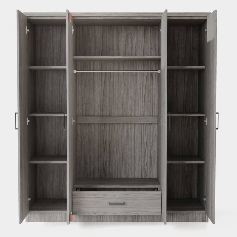 4-Door Mirror Wardrobe with shelves - Gray
