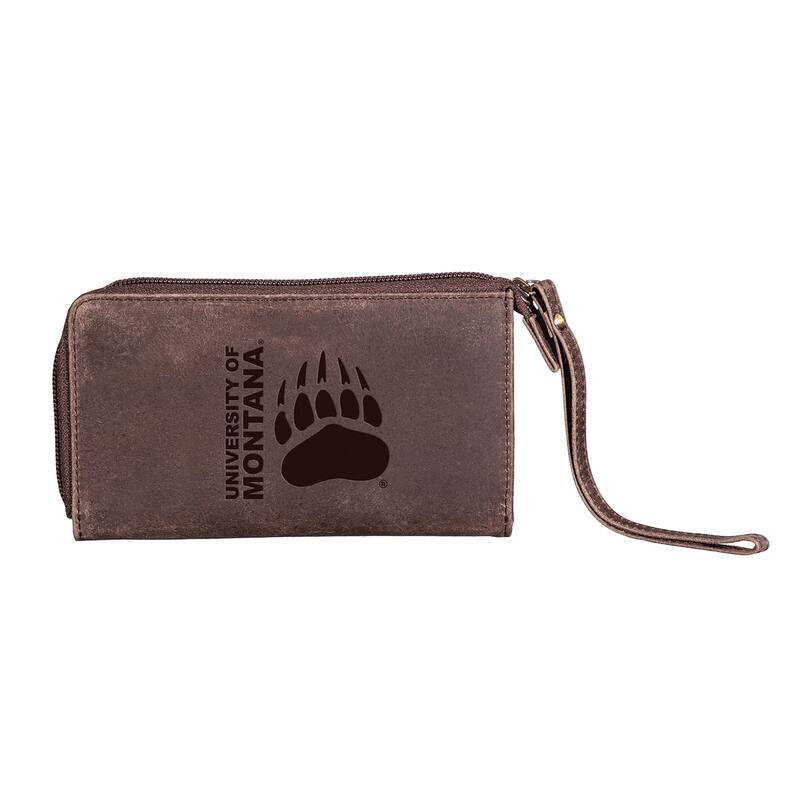 Brown Leather Cell Phone Wristlet Wallet, University of Montana - 4" x 7"