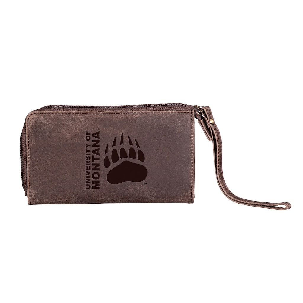 Brown Leather Cell Phone Wristlet Wallet, University of Montana - 4" x 7"