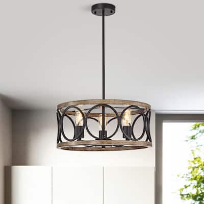 Shacer Matte Black/Faux Wood 3-light Drum Cage Chandelier