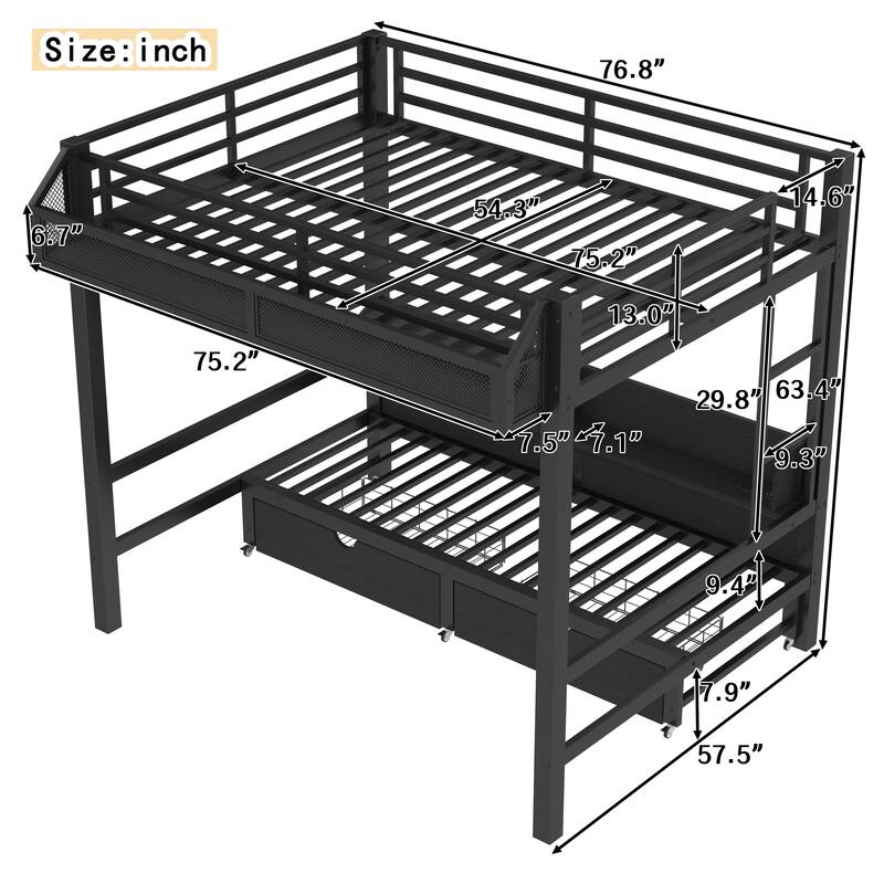 Full over Full Bunk Bed with Storage, USB Ports & LED Lights, Converts to Sofa, Metal Frame
