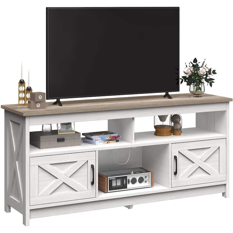 Moasis Farmhouse Barn Door Wood TV Stand with Power Outlet, Entertainment Center with Shelves for TV up to 65" - Grey White