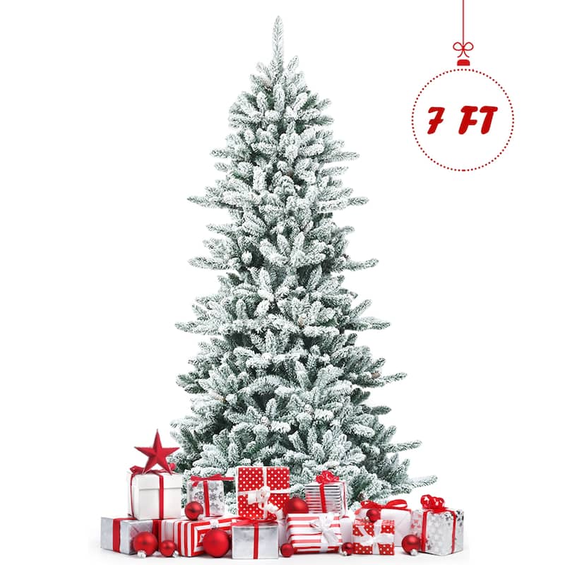 Gymax 7FT Snow Flocked Christmas Tree Hinged Fir Tree w/ Pine Cones - See Details