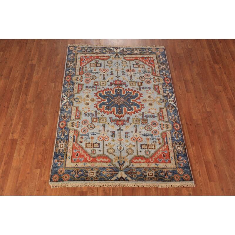 Light Blue Geometric Kazak Oriental Rug Handmade Wool Carpet - 4'0"x 5'9"