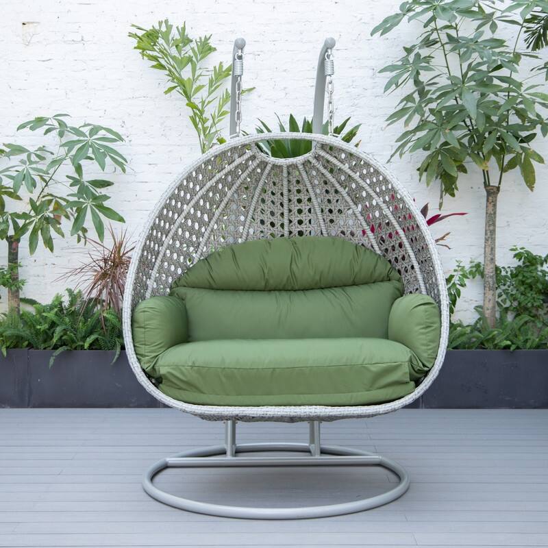 Mendoza 2-Person Hanging Egg Swing Chair with Iron Metal Stand Handcrafter Grey Wicker Hammocks for Outdoor Patio or Indoor Use