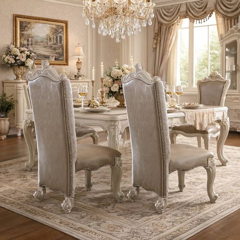 Faux Leather Upholstered Wooden Side Chair with Scrolled Carvings, White, Set of 2