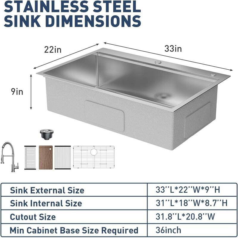 33"X22"X9" Undermount Kitchen Drop In Sink for Easy Installation with Faucet