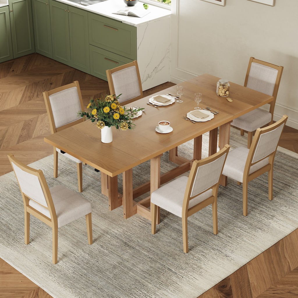 82" Rustic Extendable Dining Table Set: 7-Piece Trestle Table with 6 Upholstered Chairs & 2 Removable Leaves
