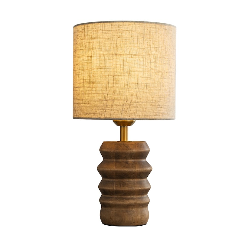 15'' Rustic Small Ribbed Wood Bedside Table Lamp Nightstand Lamp with Beige Fabric Shade for Bedroom, Desk, Living Room - W8'' - W8'' - Beige/Honey Brown