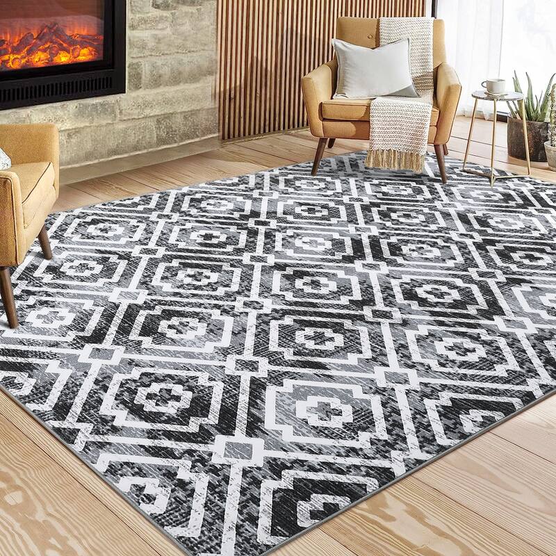 Geometric Area Rugs for Living Room Bedroom Distressed Washable Accent Rug Non-Slip Low Pile Carpet