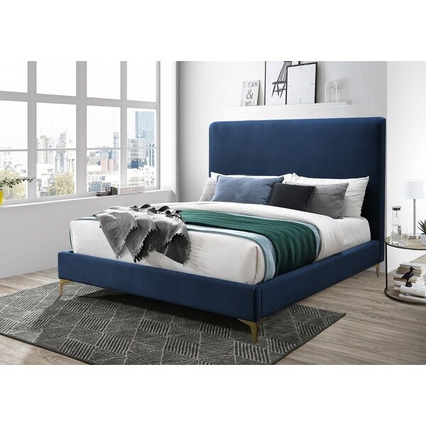 Leopold Velvet Upholstered Headboard Bedframe with Gold Feet (Dark Gray/ Royal Blue). Opens flyout.