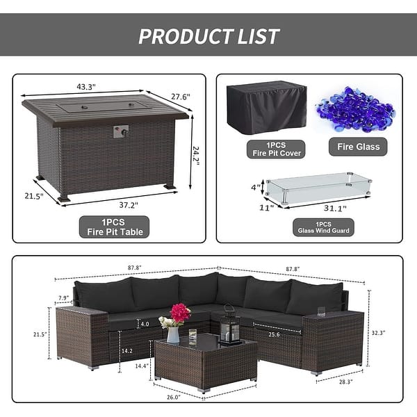 dimension image slide 1 of 7, Outdoor Patio Furniture Set, All Weather PE Wicker Sectional Conversion Sofa set with Firepit(Optional)