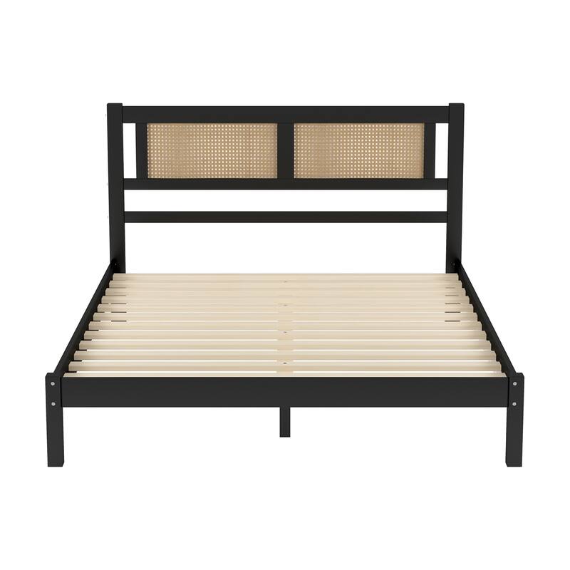 Queen Size Wooden Platform Bed w/ Natural Rattan Headboard,for Bedroom - Black