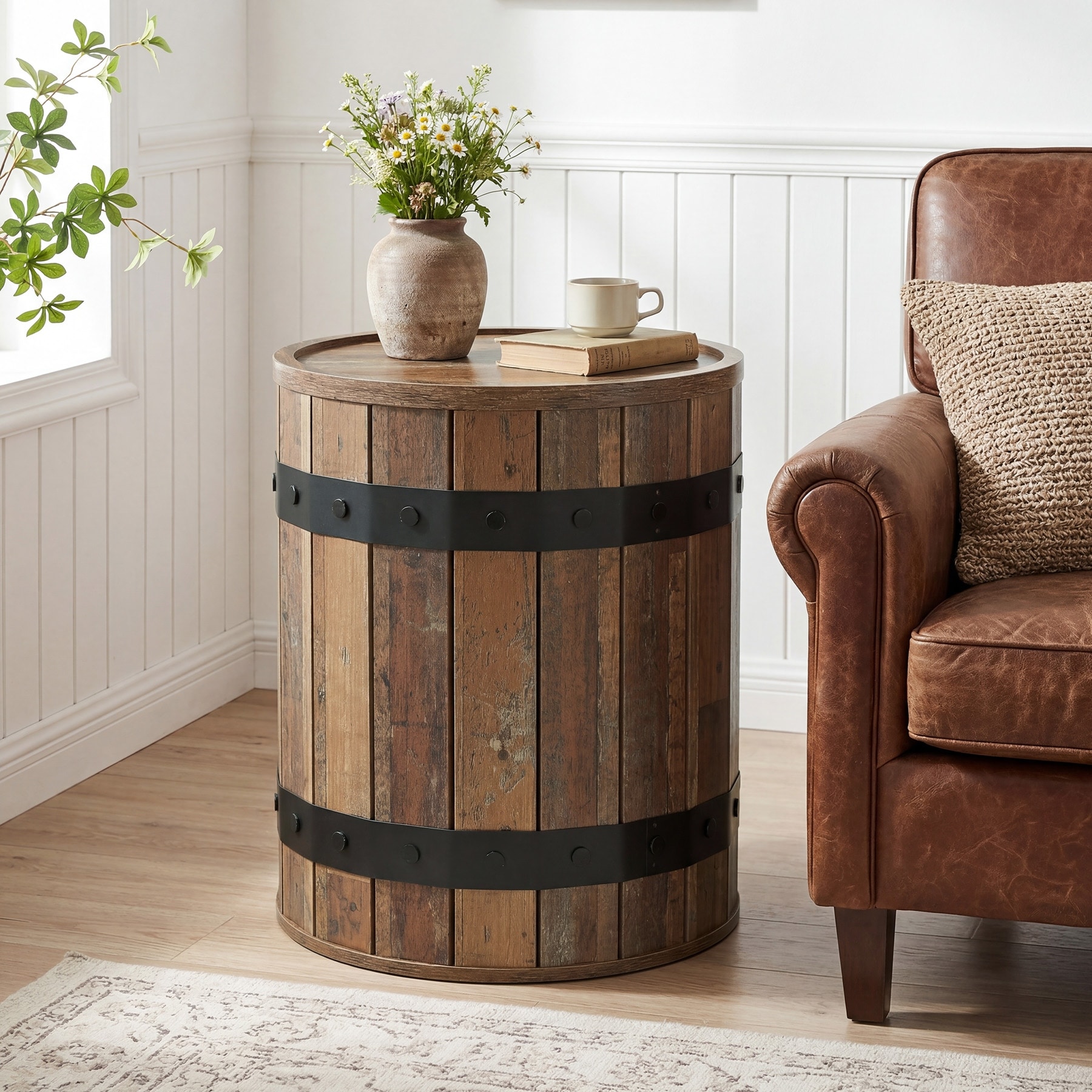Barrel Side Table with Hidden Storage, 19.68" Round End Table, 24" Tall Sofa Side Bedside Nightstand for Living Room