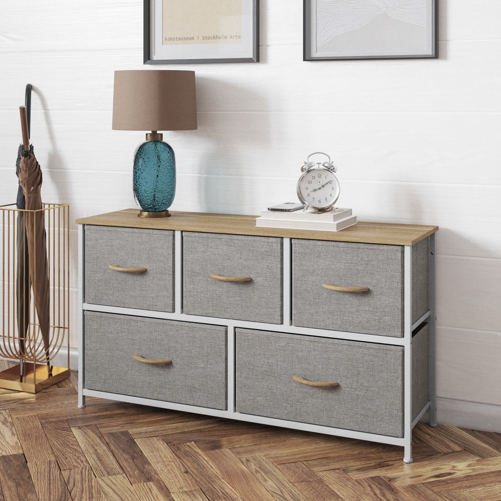 5 Drawer Vertical Storage Dresser-Wood Top & Fabric Pull Drawers