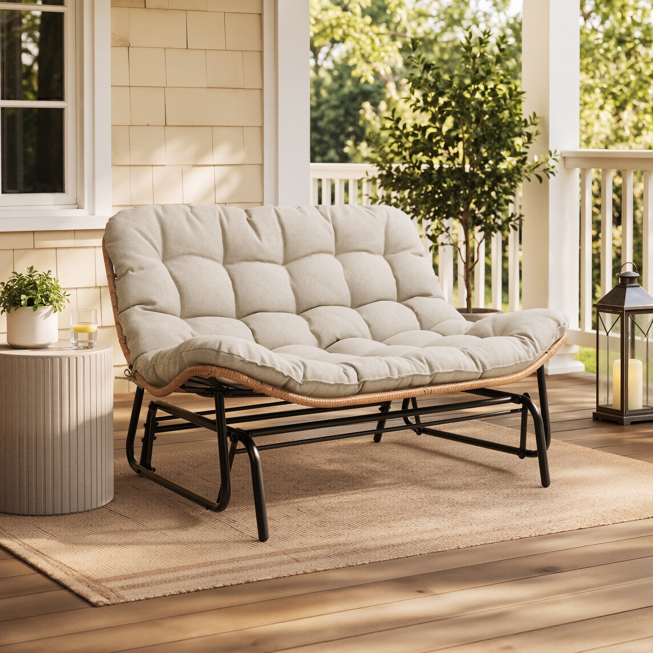 Oversized 2-Person Outdoor Glider Rocking Chair Bench Double Papasan Chair Loveseat with Cushion