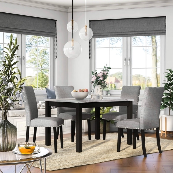 Furniture of America Paulina White and Grey Marble 5-Piece Dining Set. Opens flyout.