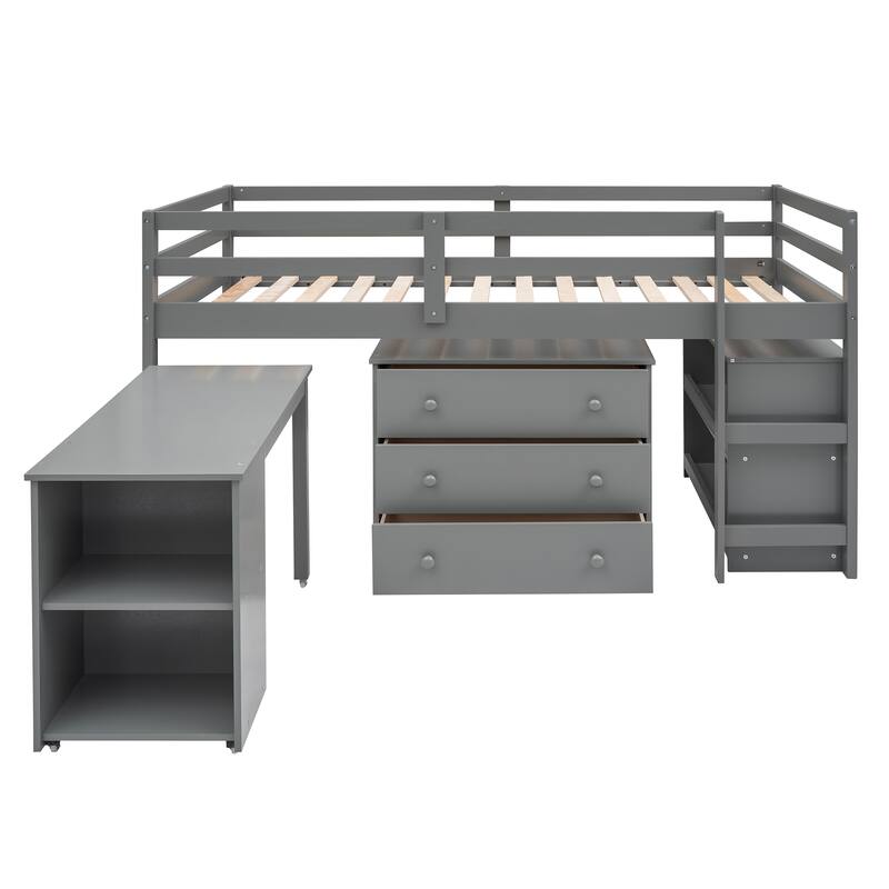 Compact Twin Loft Bed with Storage Drawers and Rolling Desk in Gray