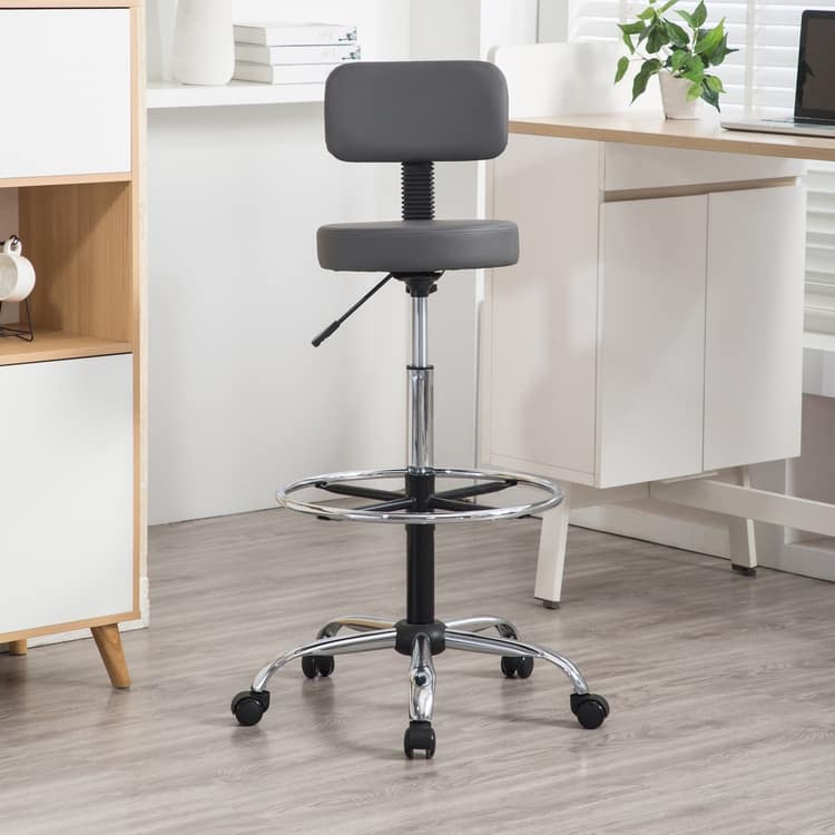 Adjustable Rolling Work Stool with Faux Leather Seat and Foldable Footrest, Versatile Stool for Home Office, Vanity,