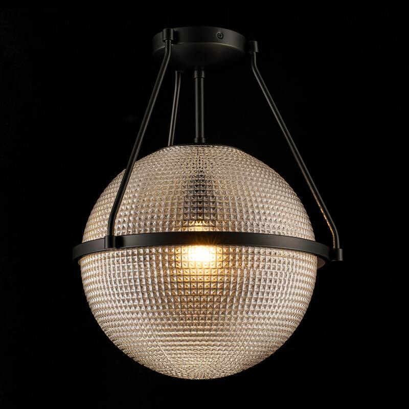 1-Light 14.17" Black/Gold Modern Textured Grid Glass Globe Semi-Flush Mount Light