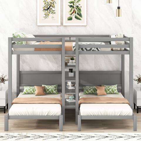 Solid Wood Full XL over Twin&Twin Bunk Bed with 4 Shelves and Ladder