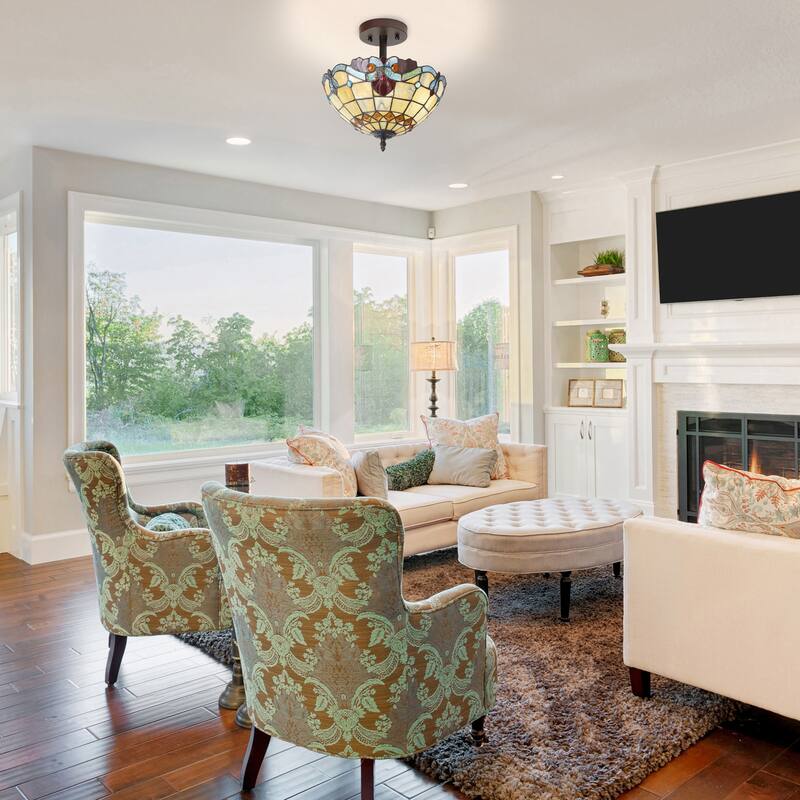 Mila River of Goods Red/Amber/Blue Stained Glass Bowl Shade 13-Inch Ceiling Light - 12.5" x 12.5" x 13"