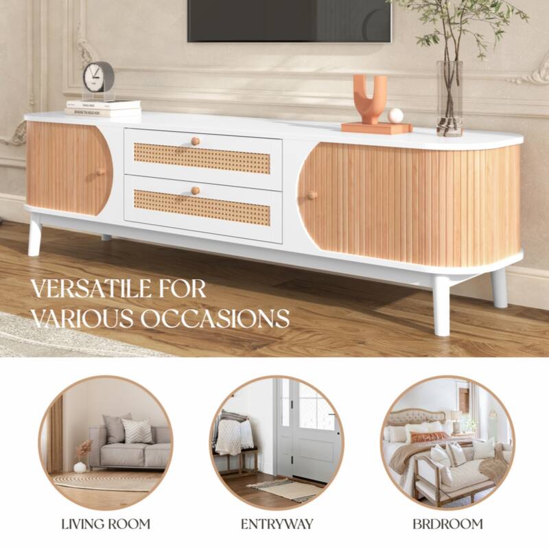 Rattan TV Stand for TVs up to 75'', Modern Farmhouse Media Console, Entertainment Center with Solid Wood Legs