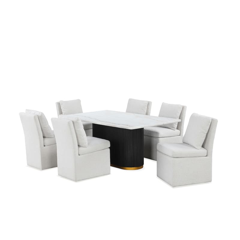 Furniture of America Torin Modern 7-Piece White Marble Top Dining Set with Boucle Upholstered Chairs