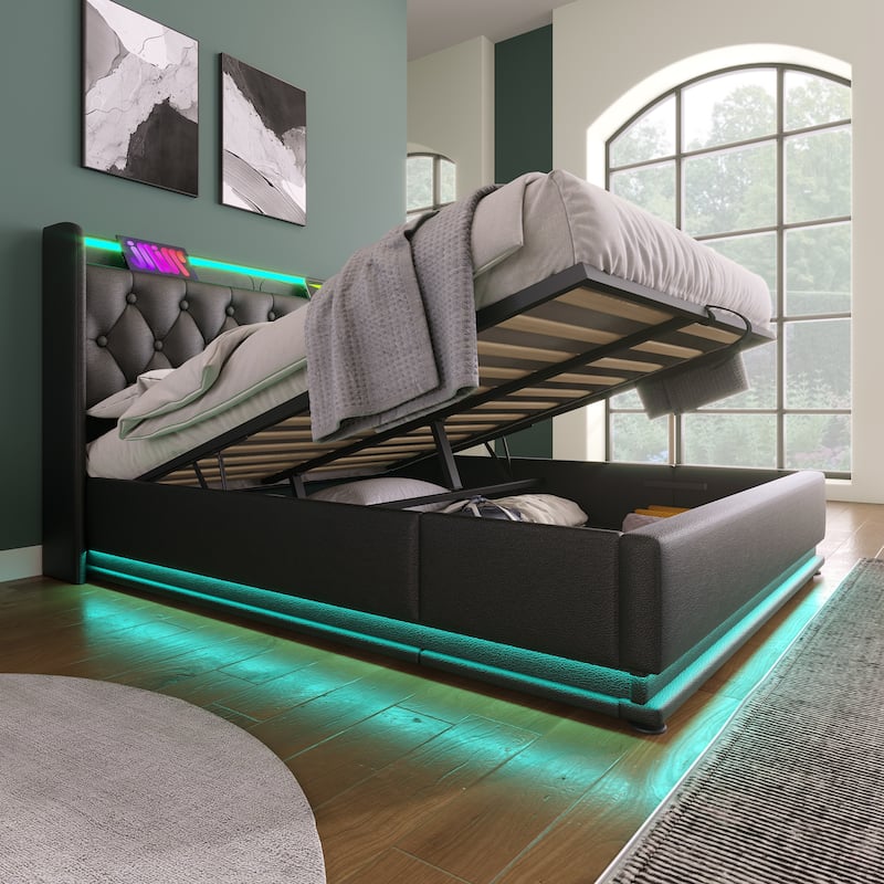 360° LED Light Upholstered Full Bed with USB Charging, Hydraulic Storage, Tufted Headboard, Remote Control