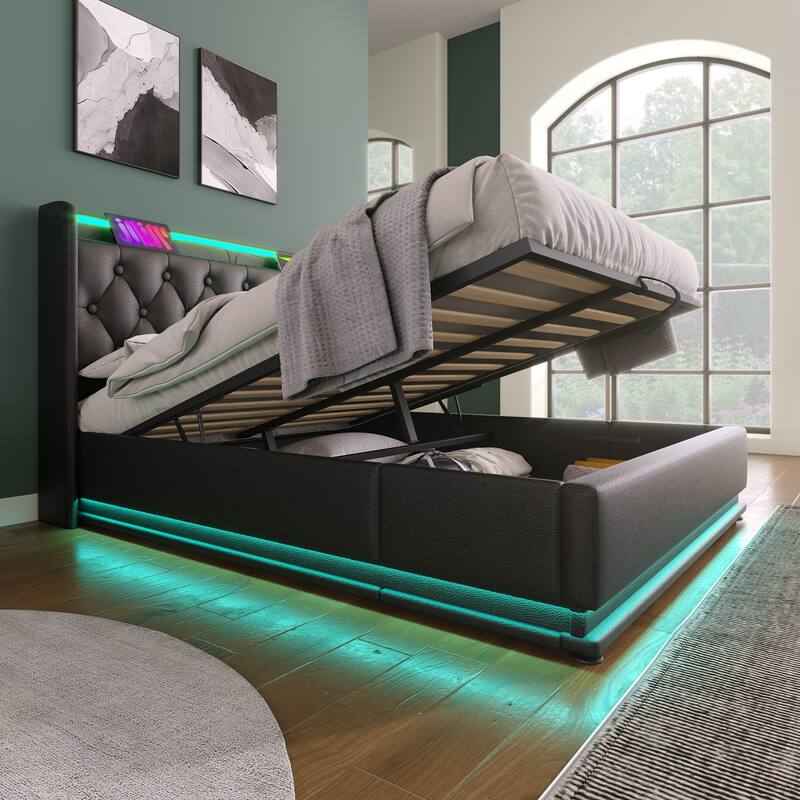 Queen Size Platform Bed Underbed Storage Bed with Wingback Tufted Headboard, USB and 360 Surround LED Strip, PU Upholstered
