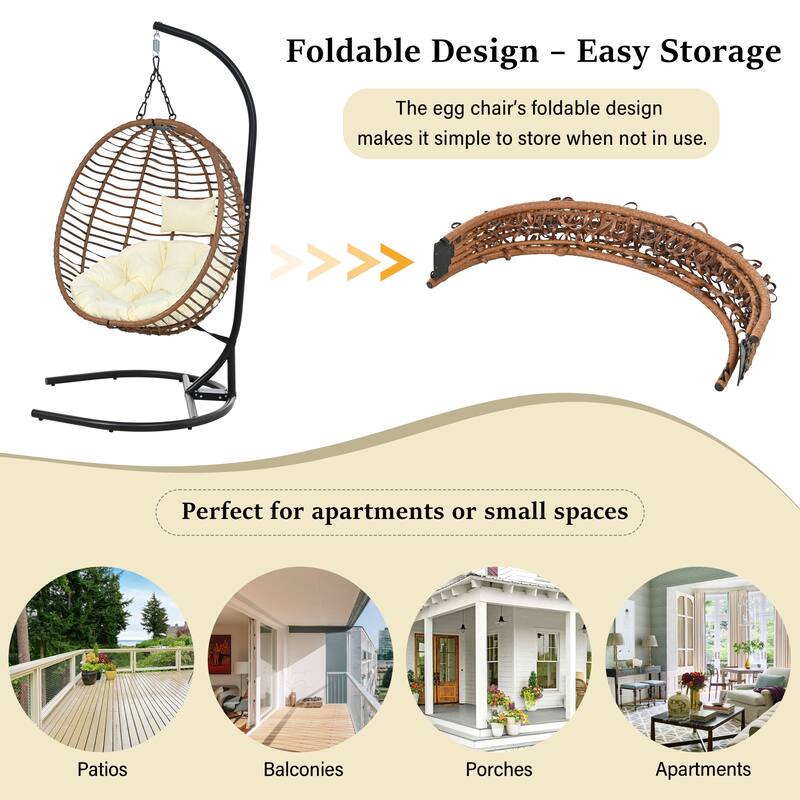 Roomfitters Single Person Folding Egg Chair with Stand, UV Resistant Wicker Rattan Swing for Patio, Garden